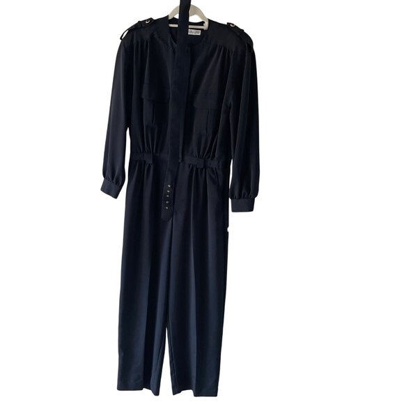 Chaus Vintage 1980s Womens Jumpsuit Size M Black Pockets Belted Elastic Waist